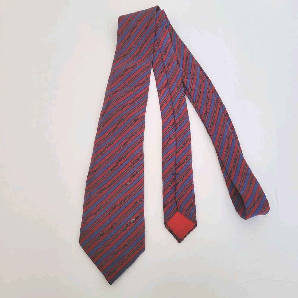 Celine Men's Neck Tie Made In Spain Designer Silk Blue Red Stripped Ropes